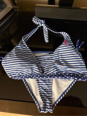 Blue and White Striped Halter Bikini with Polka Dot Band